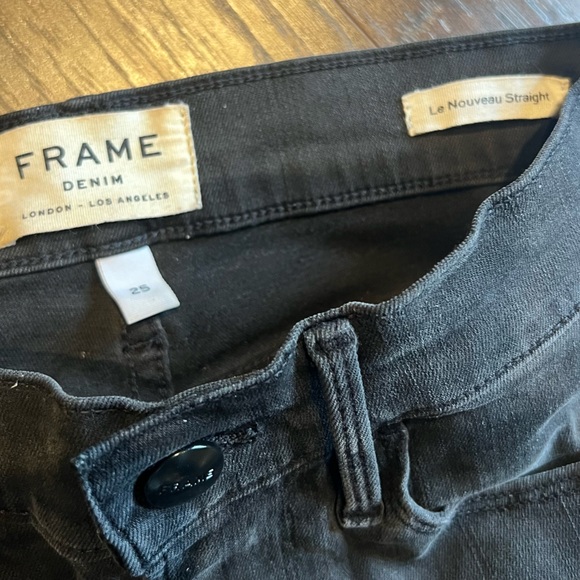 FRAME High Rise Le Nouveau Straight Leg Denim Distressed Black Raw Hem | 25 - Picture 10 of 11